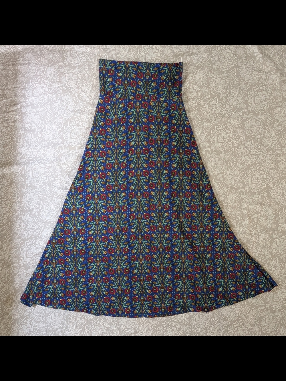 LuLaRoe Blue Floral A-Line Maxi Skirt with Red Green and Gold Accents